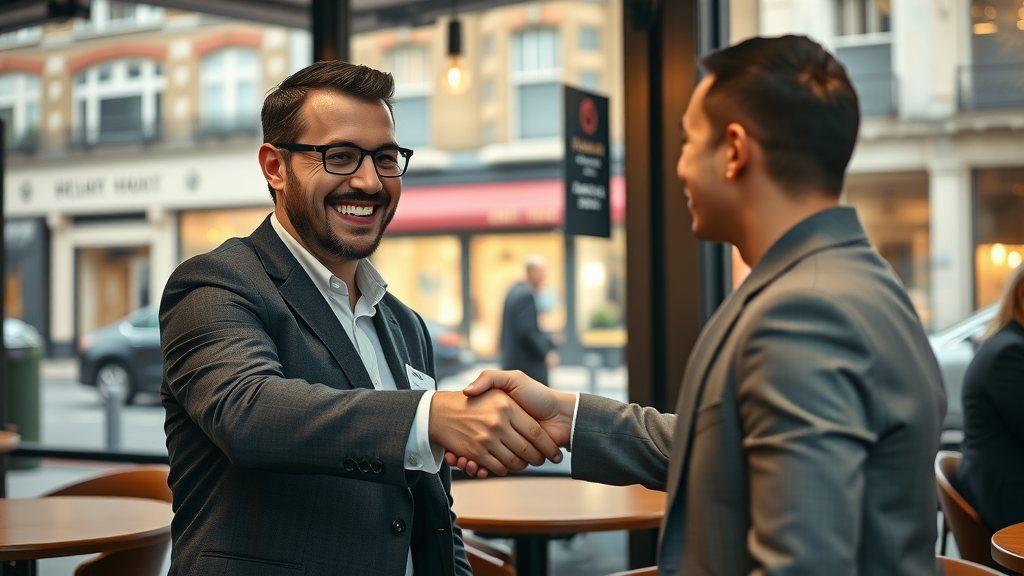 happy London business owner shaking hands with digital agency leader, successful partnership