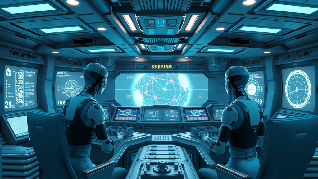 futuristic ship command center with AI avatars controlling shipbuilding technology systems