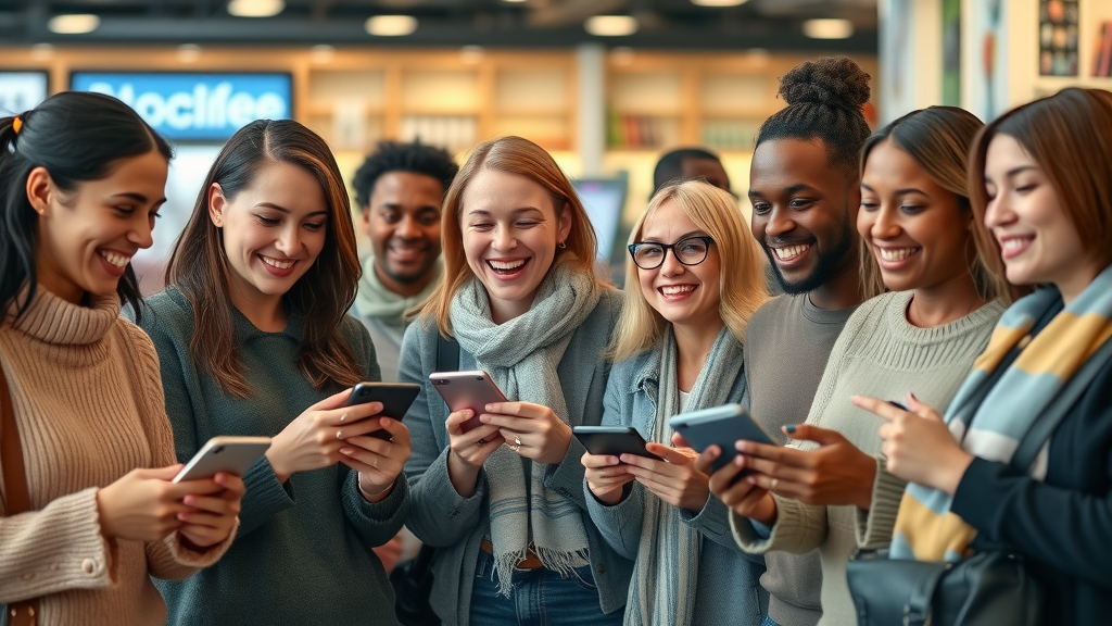 group of satisfied customers receiving AI-personalized offers on digital devices, reinforcing customer retention