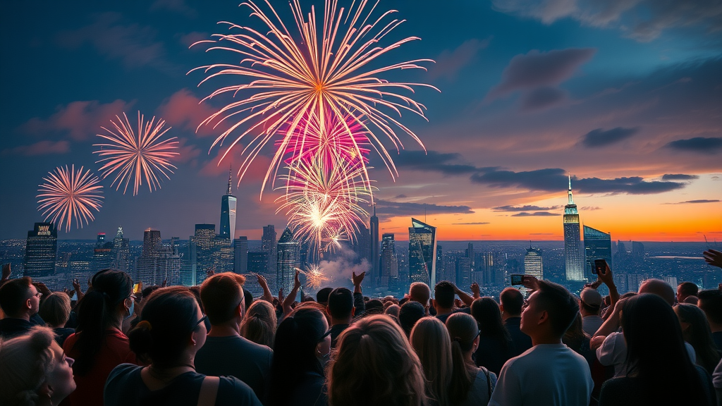 vivid skyline of a diverse crowd watching art and science of firework displays; urban nightscape with colorful fireworks