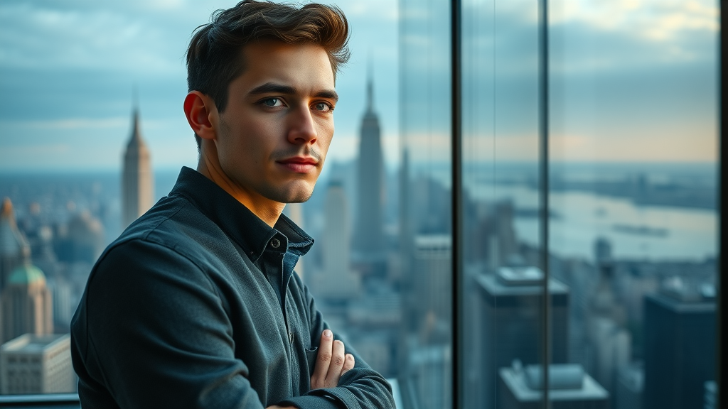 Young NY tech entrepreneur overlooking Manhattan planning next digital marketing moves with data charts in background.