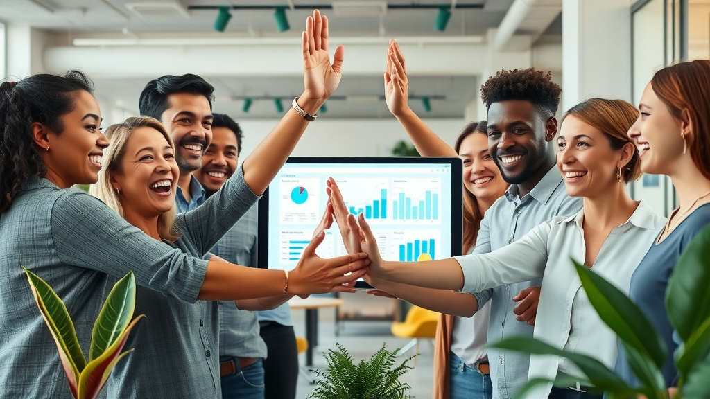 diverse small business team celebrating successful project leveraging AI small business