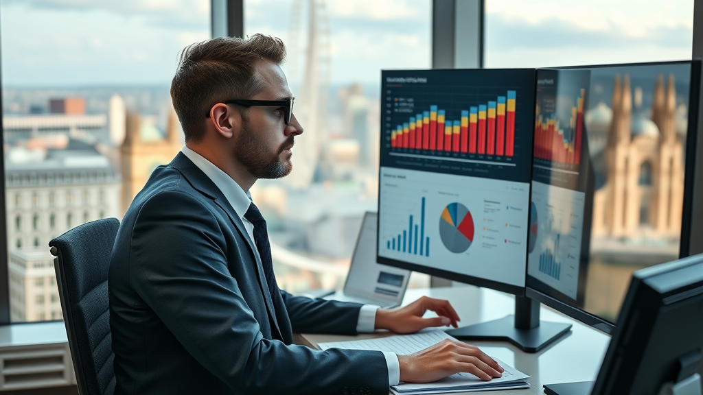digital agency analyst reviewing competitor data, business office with London cityscape, digital market audit