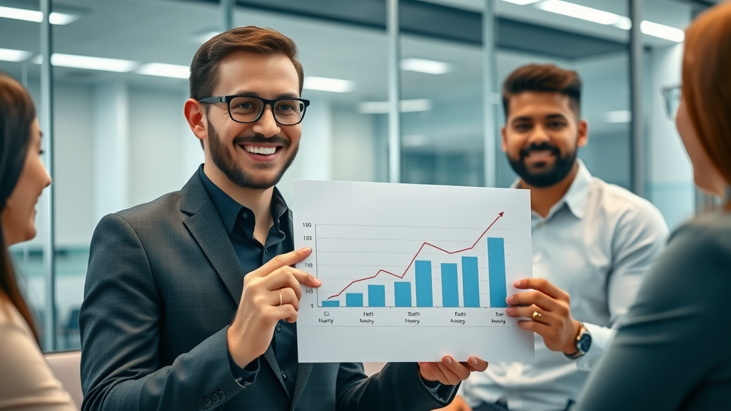 Digital marketing idea for small tech business in NY - Professional marketing consultant presenting growth chart, explaining strategy to small tech business owners in a sleek NYC conference room