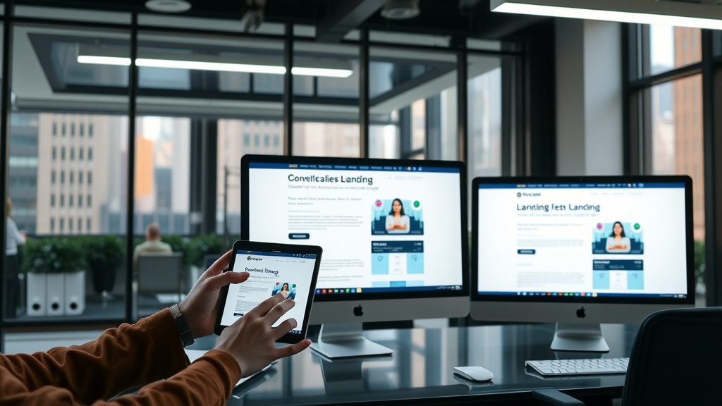 Web design for small tech business in NY - Modern conversion-focused landing pages on devices in a New York urban office
