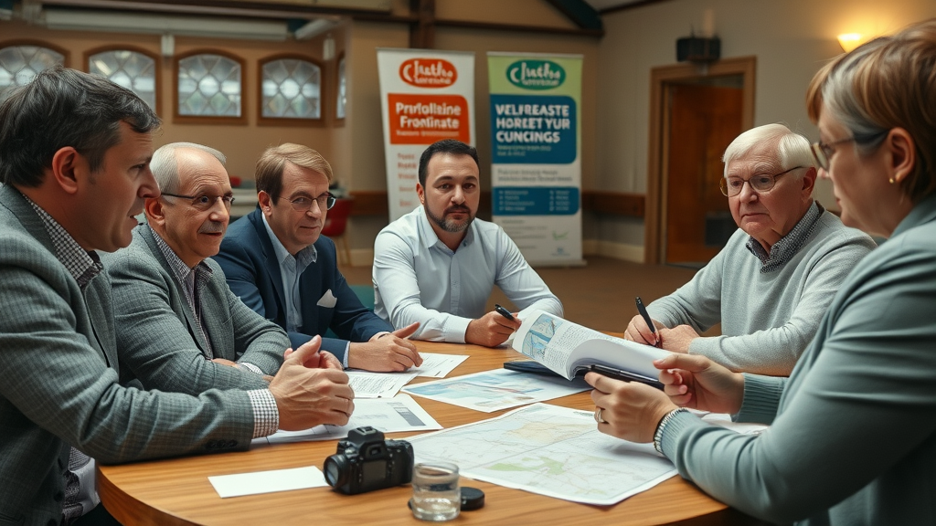 Monmouthshire County representatives consulting with business owners on high street revitalisation plans, collaboration at a community hall table.