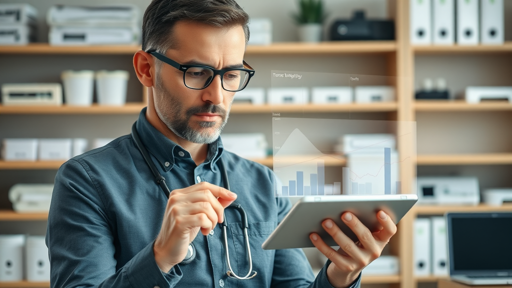 professional evaluating health technology for effectiveness with digital graphs; health technology assessment
