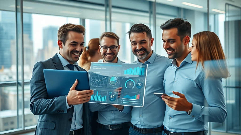 ai customer engagement modern business team collaborating, reviewing customer engagement data on digital screens in an open-plan tech workspace
