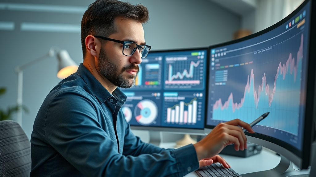 SEO marketer NY reviewing performance analytics in dual monitor workspace