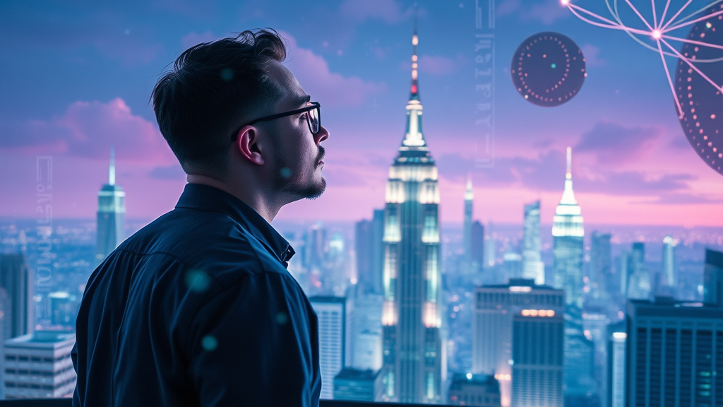 visionary digital marketer, gazing at futuristic AI trend holograms, inspired by digital marketing today with ai chat
