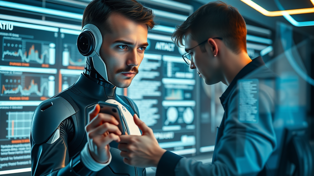 generated content for tech startup: AI-powered computer creating content with human monitoring on futuristic interface