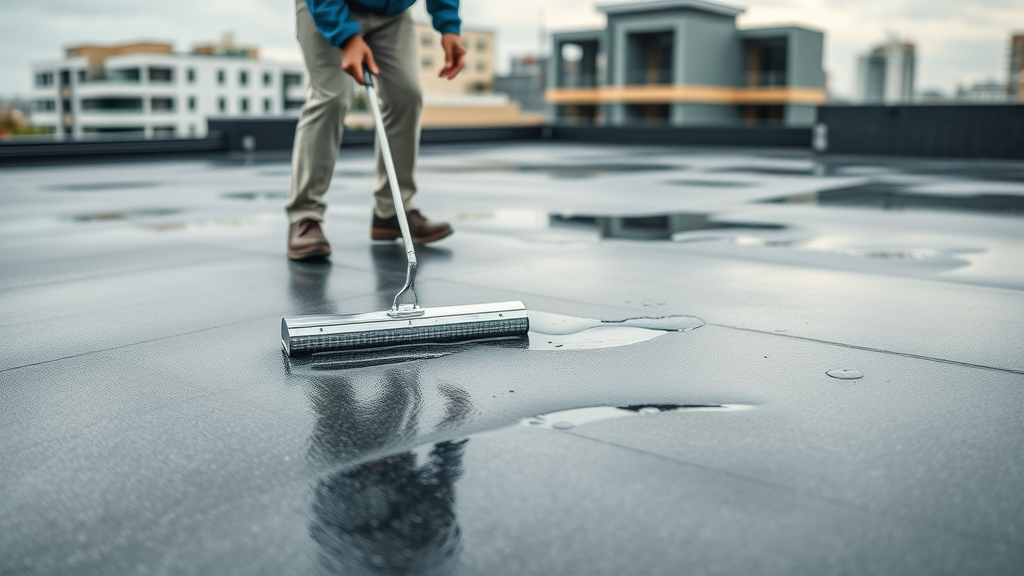 professional repairing flat roof leak with patch and squeegee