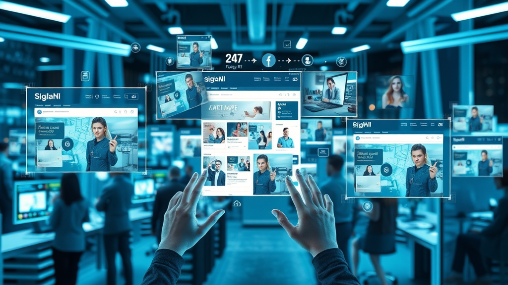 PPC ad formats for small businesses: collage of search, display, social, and video ads, users interacting with digital ads, futuristic tech hub background