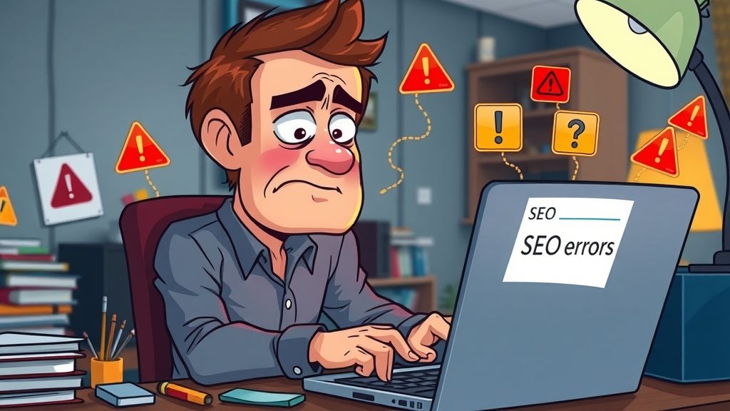 website owner reviewing SEO errors such as missing meta descriptions, poor keyword research, and cluttered digital workspace