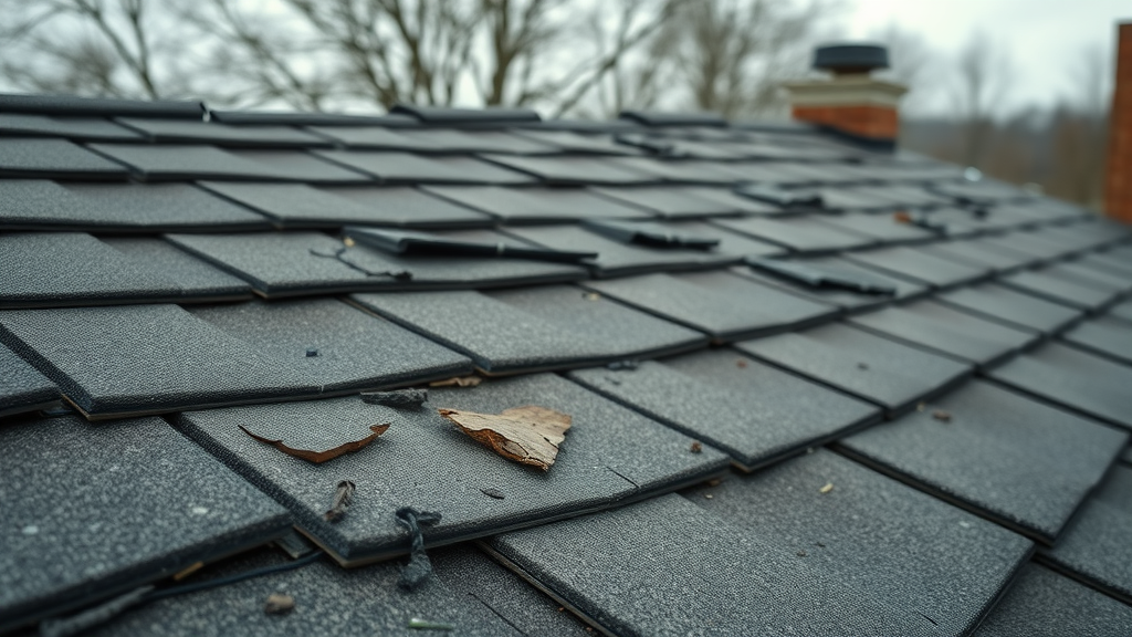 close-up of damaged roof shingles, visible cracks, missing pieces, roof shingle maintenance tips, house rooftop