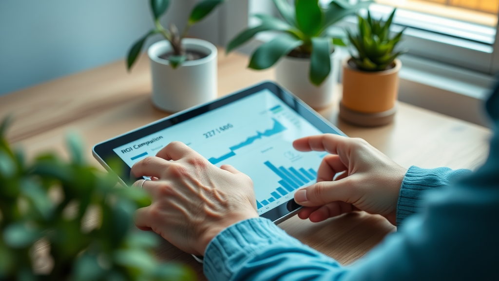 Digital marketer in NY reviewing ROI dashboard on tablet, analyzing social media marketing performance for tech industry campaigns.