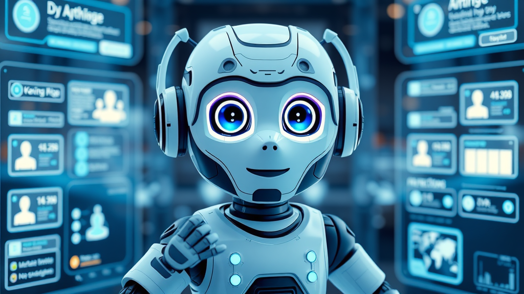 futuristic AI chatbot interface providing support to customers, friendly virtual assistant on glowing digital screens