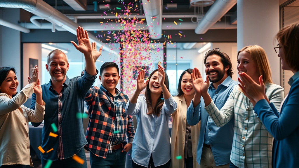 Energetic team at digital marketing agency New York celebrating campaign success, stylized NYC office, 35mm lens, digital energy and confetti
