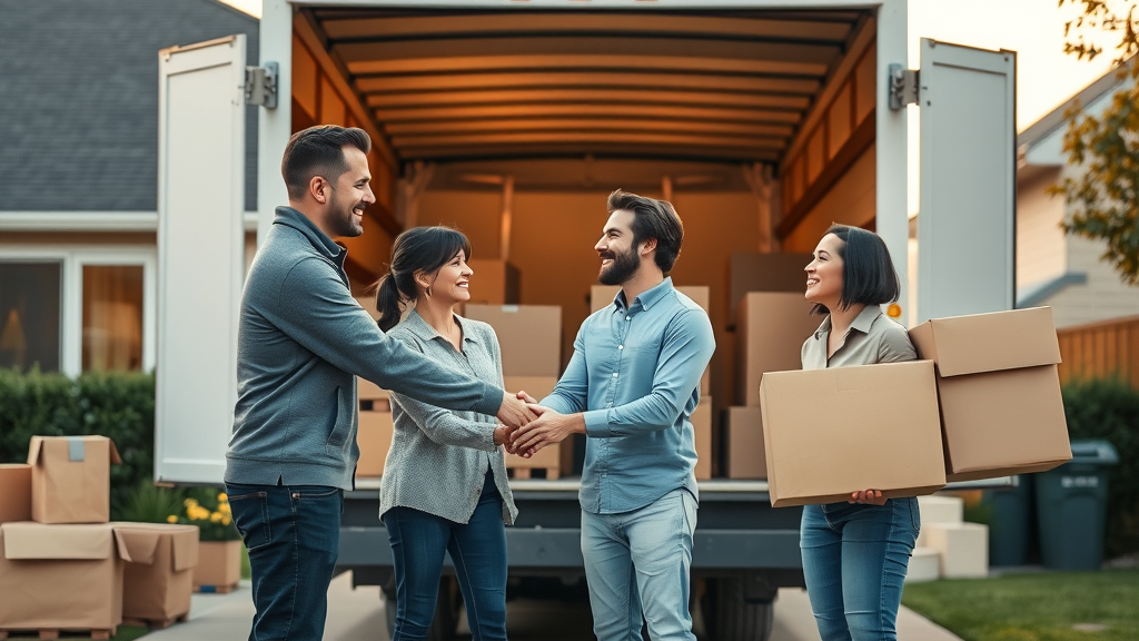 A modern family relieved and happy shaking hands with professional local movers next to a packed moving truck on a home driveway. Faces and limbs are natural, warm golden hour lighting, detailed moving boxes. local moving company