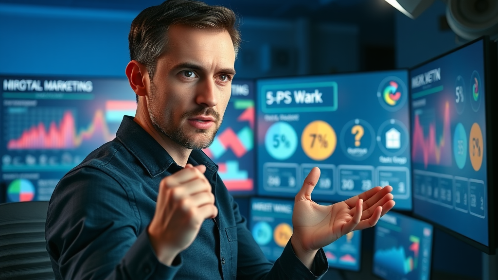 digital marketing manager analyzing marketing plan with 5 Ps icons - online marketing tips for tech companies