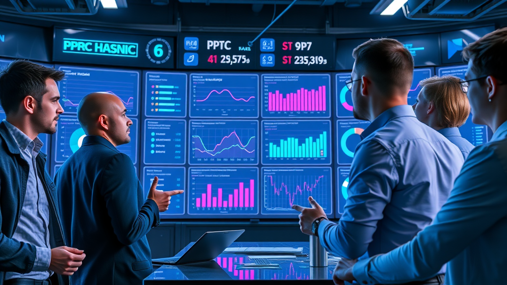 PPC management for small business, analytical dashboard team reviewing PPC budget, digital spending trackers, control room with digital graphs