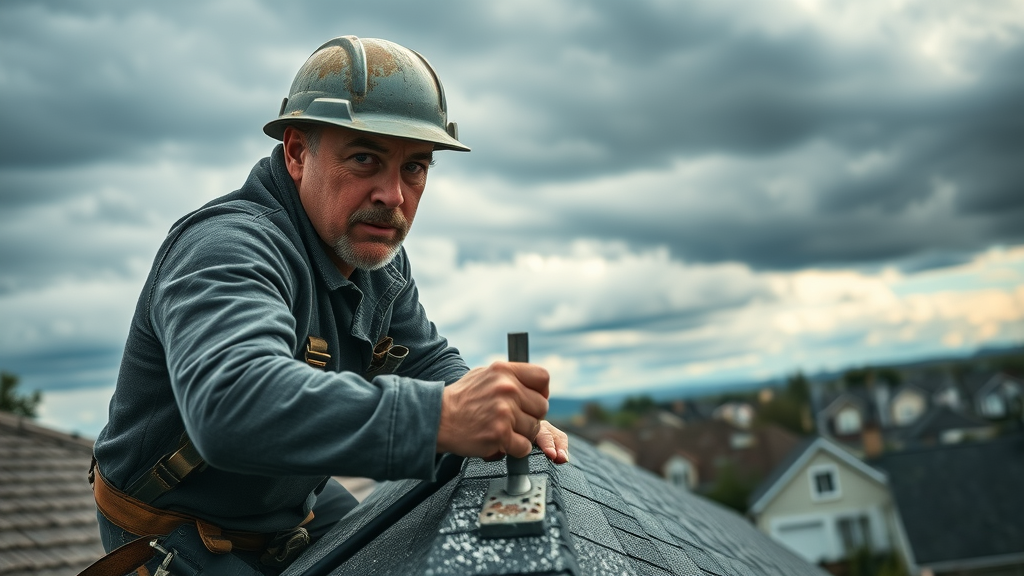 Roofer repairing shingles under clearing sky after storm, showcasing roofing expertise