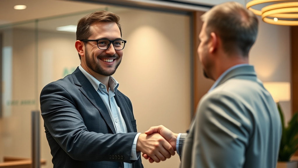 smiling CEO of a tech company shaking hands with a satisfied client - building trust in technology marketing
