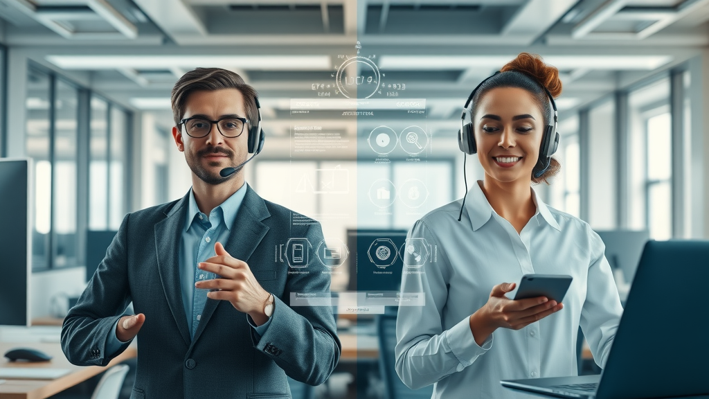 customer service agents collaborating with AI systems versus traditional support teams in a modern workspace