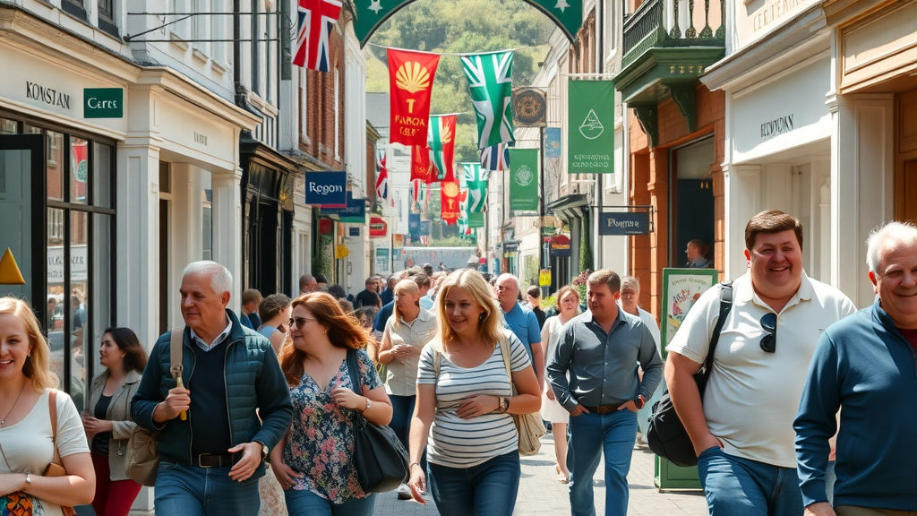 Inviting vibrant high street scene in Monmouthshire, bustling with people shopping and engaging with local businesses, historic shopfronts and green spaces.