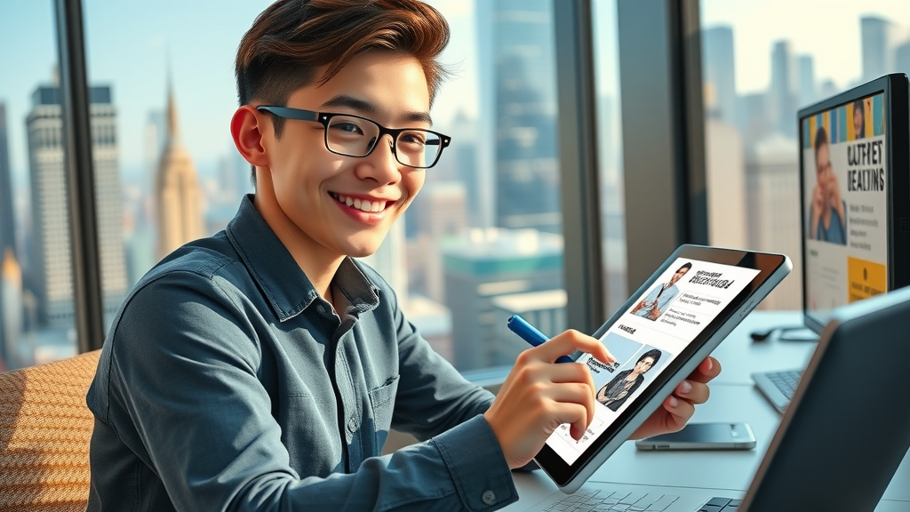 Marketer designing interactive social media ad for NY tech startup