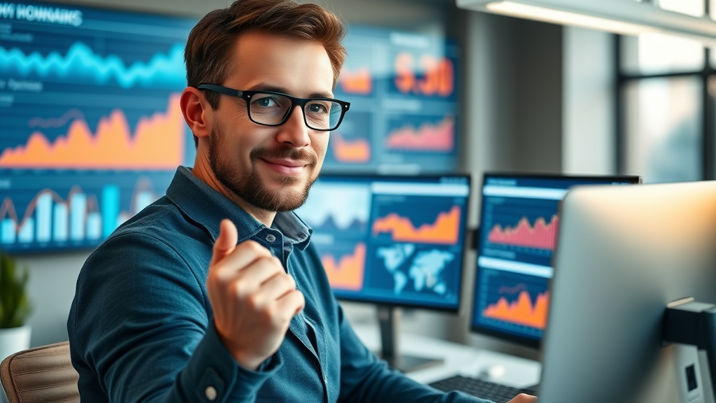 digital marketing dashboard for small tech businesses, confident business owner analyzing digital metrics, vibrant infographics on screen, modern office
