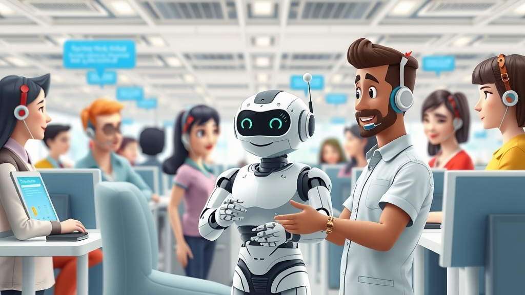 Animated AI chatbot helping diverse customers in a lively service center, enhancing customer satisfaction with real time support.