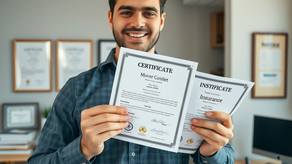 Confident local mover proudly holding professional certification and insurance documents at office desk with certificate frames and moving gear. Highly detailed, cool neutral tones, trustworthy local moving company.