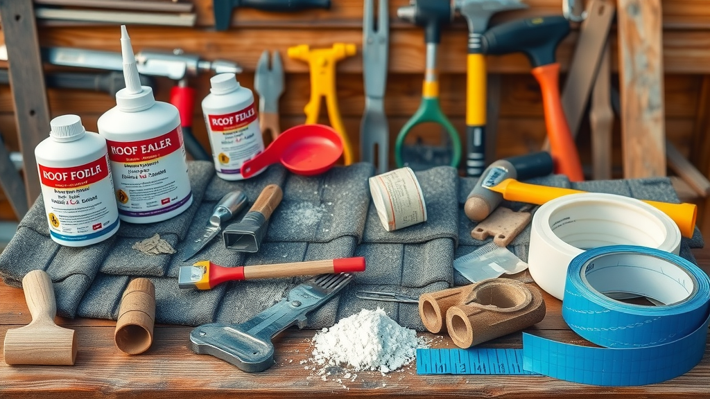 Organized display of roof repair tools and materials for preventing roof leaks