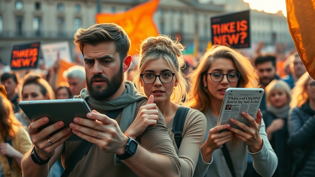 determined activists using tablets to share news, city square activism with banners, public media vs social media advocacy, no disfigured faces or text