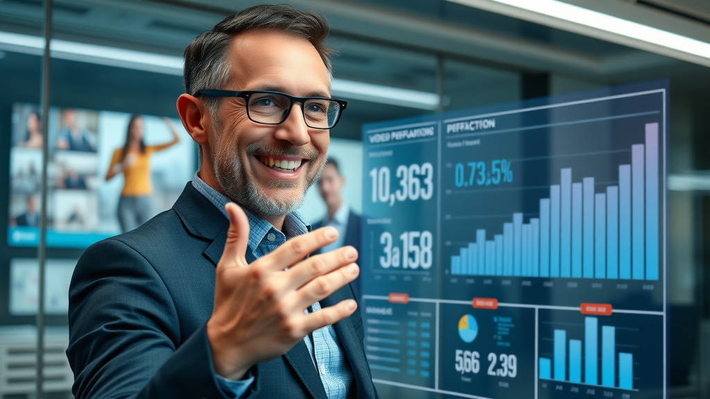 business executive reviewing video short marketing campaign performance analytics