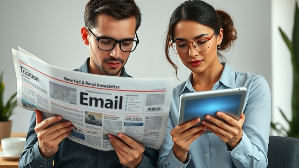 Contrasting traditional newspaper with a digital email newsletter, professionals comparing paper and tablet, focused on local newsletter content, natural and modern workspace.