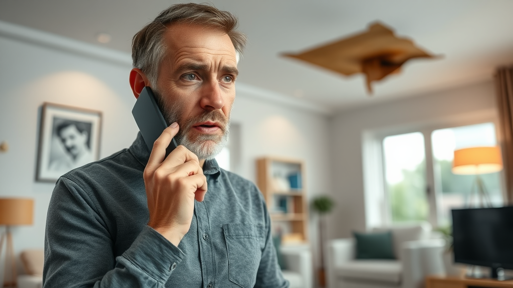 concerned homeowner contacting professional about roof leak