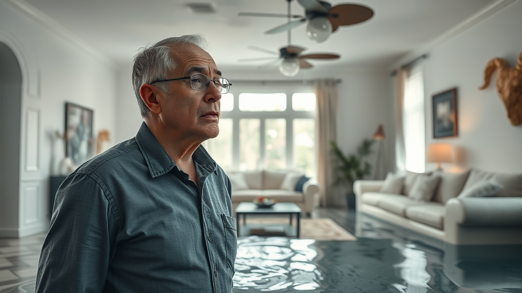 Homeowner concerned about plumbing leak causing water damage in living room.