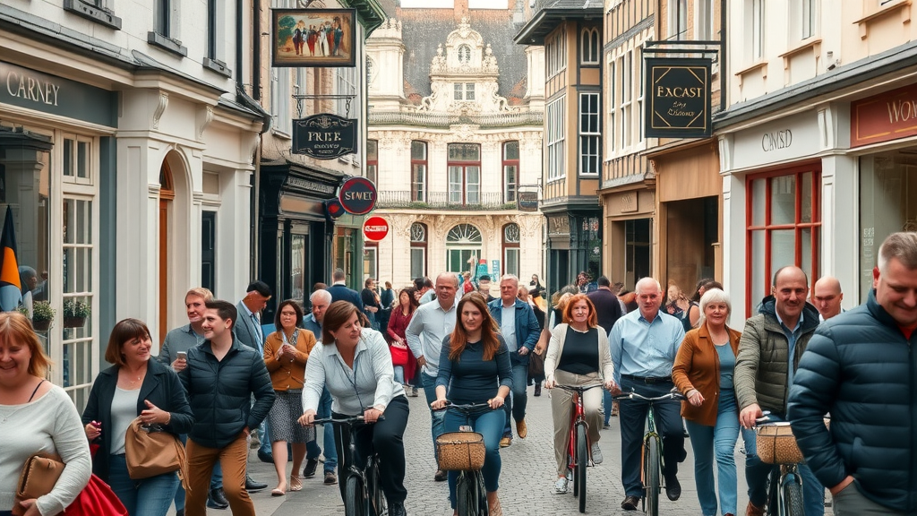 Charming Victorian high street in Monmouthshire bustling with people supporting the high street, historic shop façades and cobblestone streets