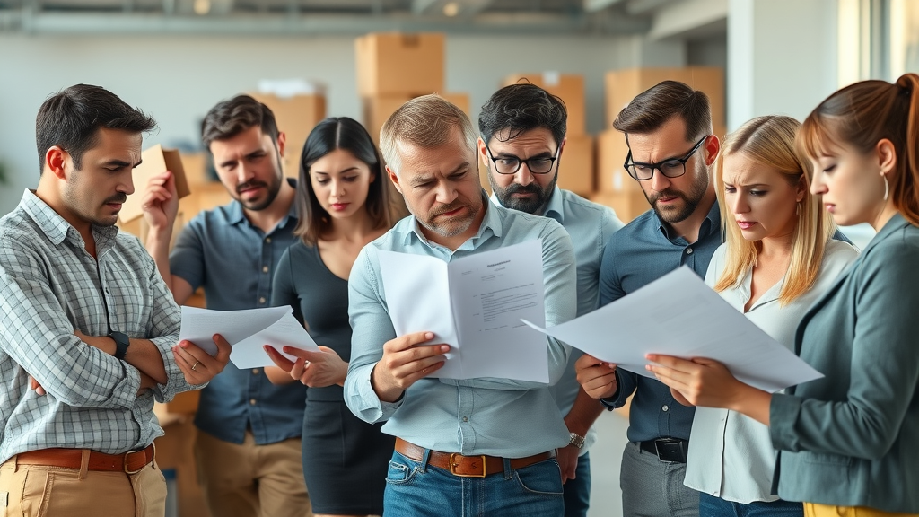 A diverse group of frustrated customers reviewing papers and contracts with concern, analyzing moving company details. Photorealistic, with natural human positions, in a modern office surrounded by moving boxes and scattered documents. local moving company