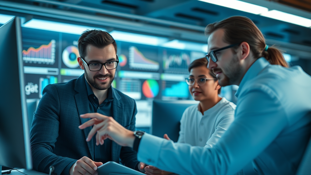 marketing team in high-tech office analyzing data dashboards for personalized marketing with AI