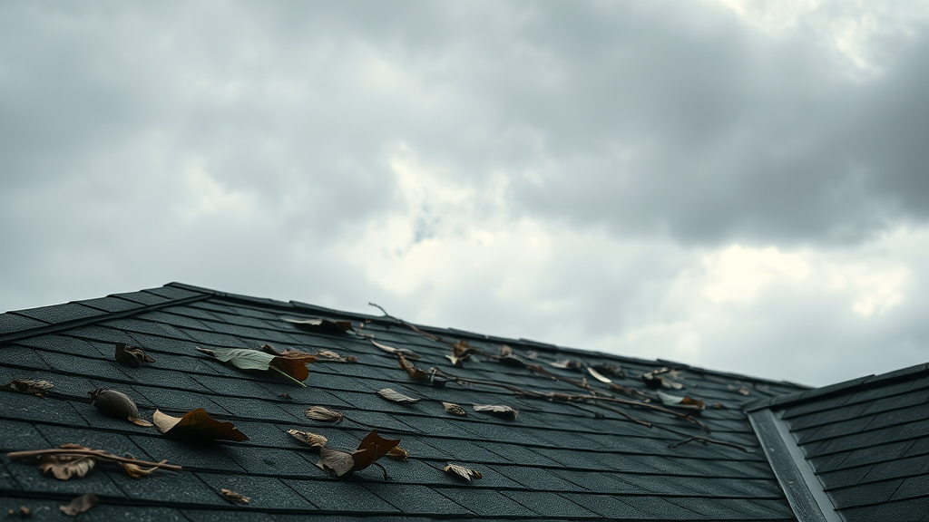 residential roof with storm damage including missing shingles and scattered debris