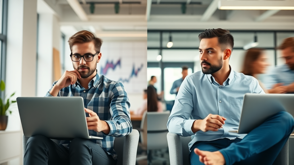 comparison of a tech entrepreneur working solo and another with a marketing agency in New York workspace