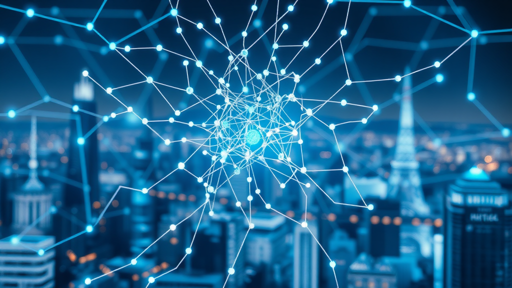 context engineering highly intelligent AI algorithm visualized, neural networks interconnected with data streams, digital cityscape, blue and silver LED-lit environment