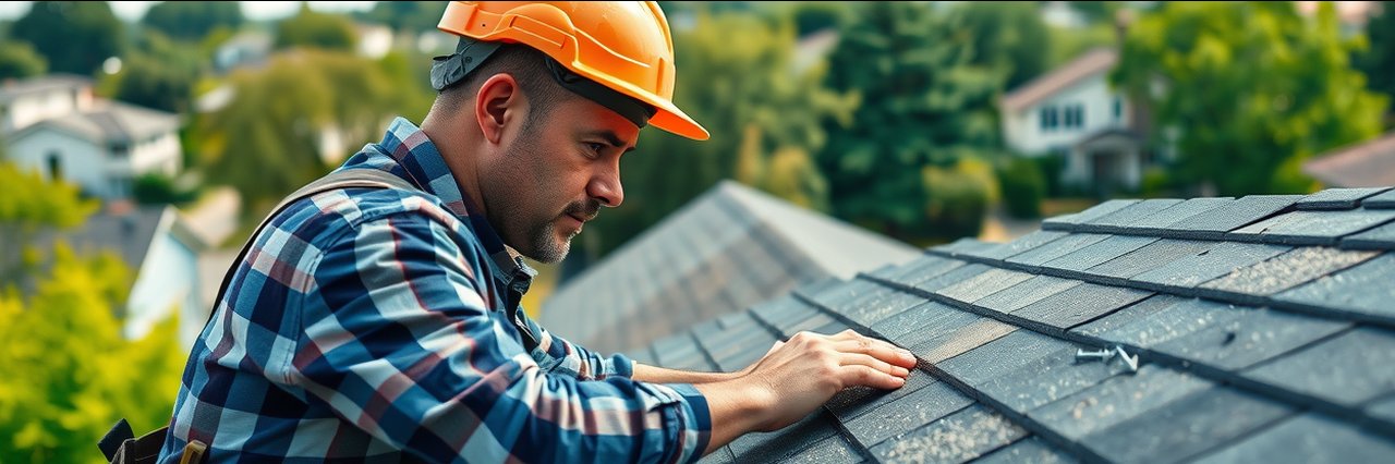 Roofing contractor installing shingles on house under bright daylight
