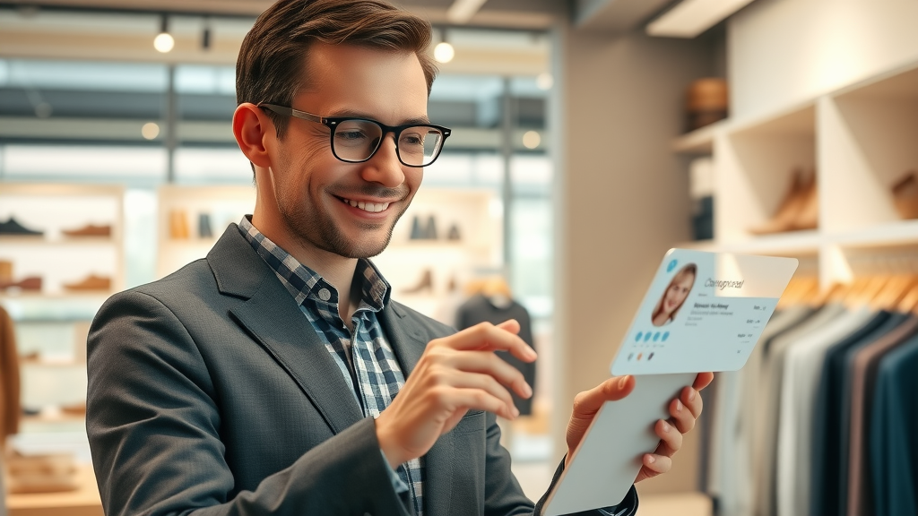 sales consultant leveraging ai tool to tailor personalized customer experience, digital product recommendations, gentle interaction, modern retail space, customer engagement interface