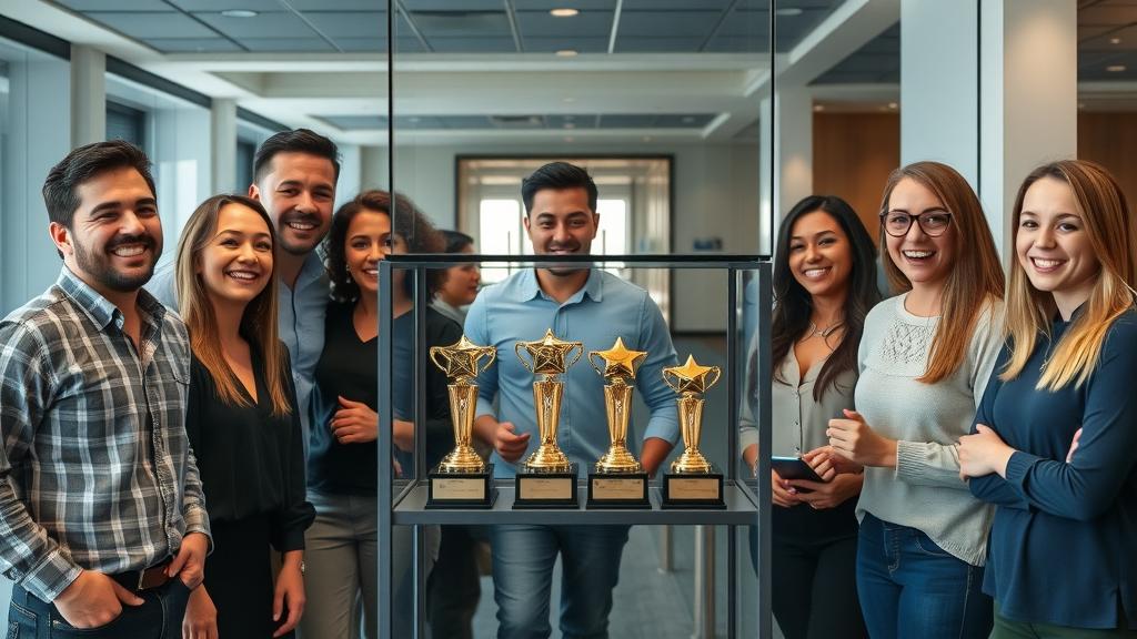 celebratory digital agency team with awards, modern London office, leading digital agency recognition