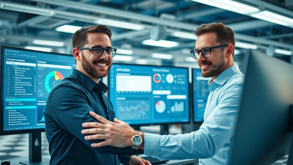 AI chatbot integrating with CRM and helpdesk tools on a software dashboard, IT team configuring settings.