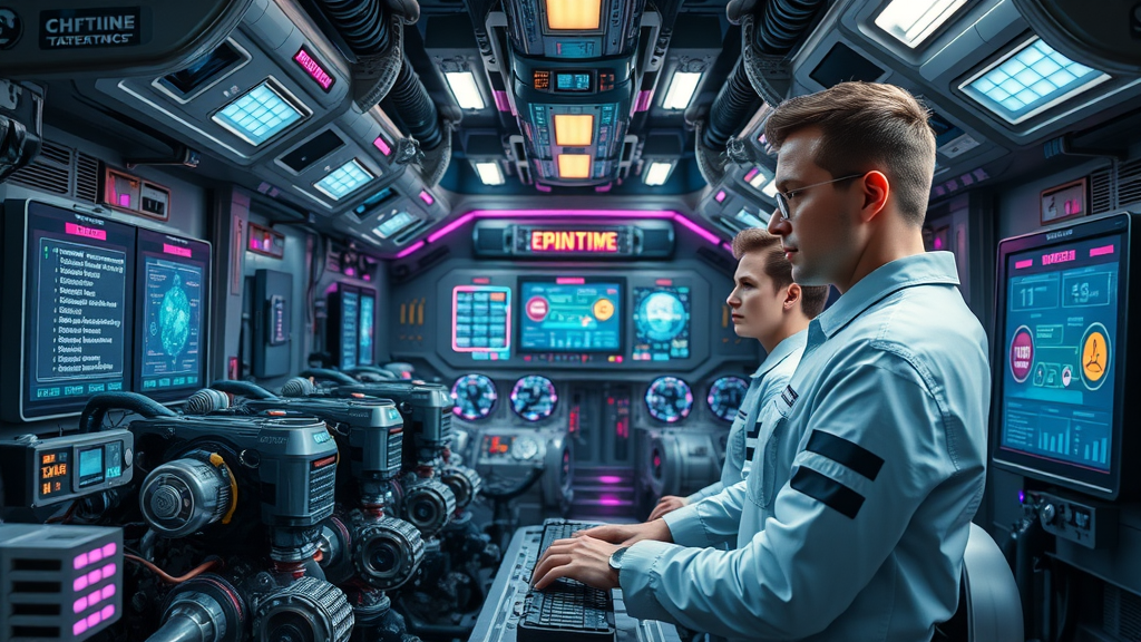 advanced ship engine room with technicians monitoring IoT screens in modern shipbuilding technology